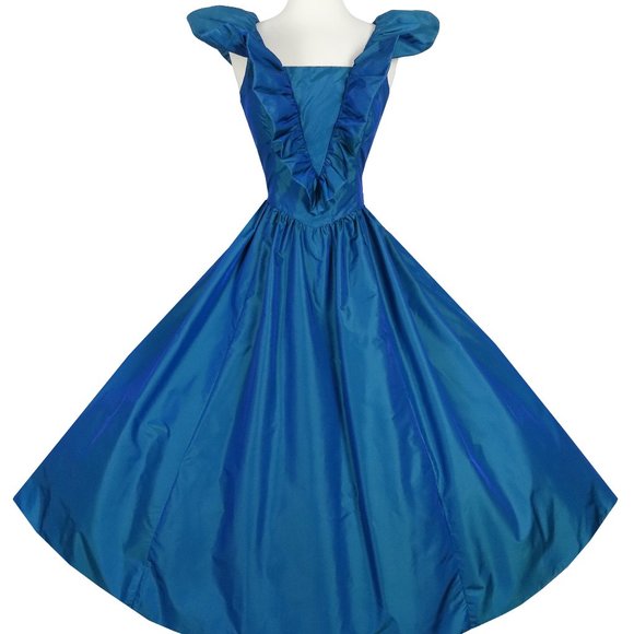 Vintage 80s Gunne Sax Blue Ruffle Taffeta Full Skirt Prom Party Dress M Medium - Picture 2 of 9